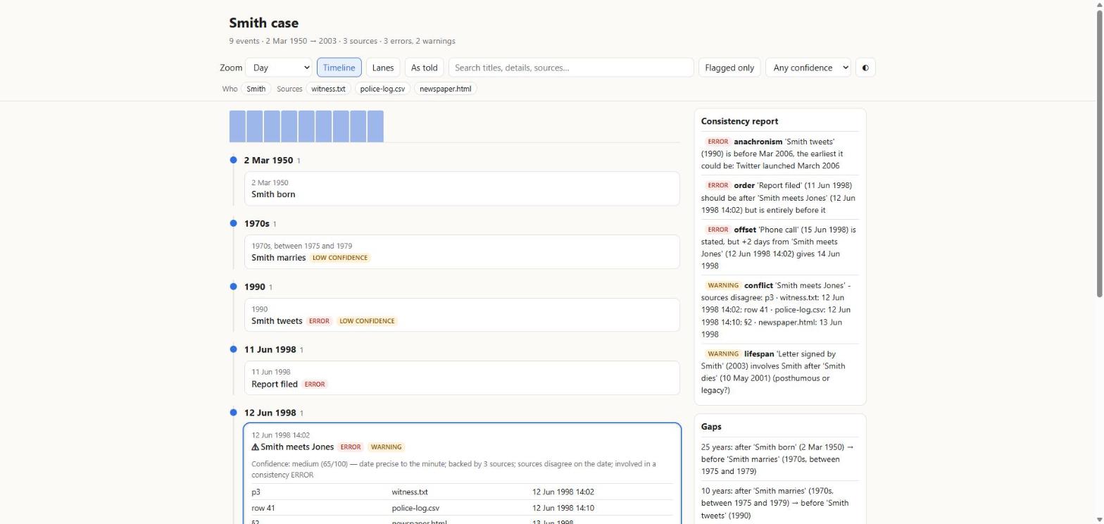 A chronology merged from three sources, with a conflicting meeting time flagged